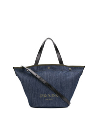 Темно-синяя кожаная большая сумка от Prada
