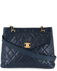 Темно-синяя кожаная стеганая большая сумка от Chanel