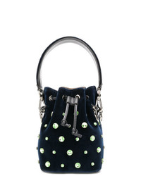 Темно-синяя кожаная сумка-мешок с украшением от Fendi