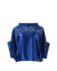 Темно-синяя кружевная блуза с коротким рукавом
