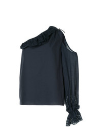 Темно-синяя кружевная блузка с длинным рукавом с рюшами от Goen.J