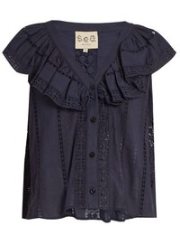 Темно-синяя кружевная блузка с рюшами