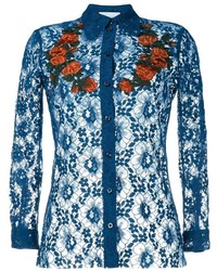 Женская темно-синяя кружевная рубашка с вышивкой от Gucci
