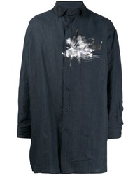 Мужская темно-синяя льняная рубашка с длинным рукавом в клетку от Yohji Yamamoto