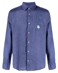 Мужская темно-синяя льняная рубашка с длинным рукавом с вышивкой от Altea
