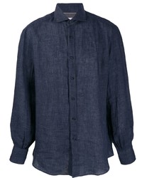 Мужская темно-синяя льняная рубашка с длинным рукавом от Brunello Cucinelli