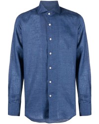 Мужская темно-синяя льняная рубашка с длинным рукавом от Canali