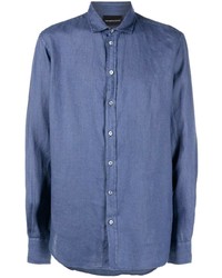 Мужская темно-синяя льняная рубашка с длинным рукавом от Emporio Armani