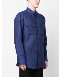 Мужская темно-синяя льняная рубашка с длинным рукавом от Brioni