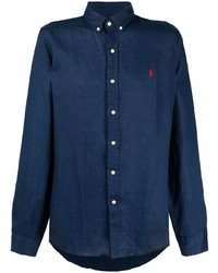 Мужская темно-синяя льняная рубашка с длинным рукавом от Polo Ralph Lauren