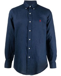 Мужская темно-синяя льняная рубашка с длинным рукавом от Polo Ralph Lauren