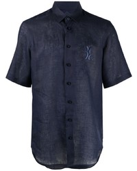 Мужская темно-синяя льняная рубашка с коротким рукавом с вышивкой от Billionaire