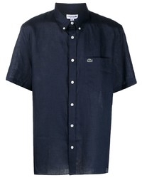 Мужская темно-синяя льняная рубашка с коротким рукавом с вышивкой от Lacoste