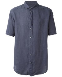 Мужская темно-синяя льняная рубашка с коротким рукавом от Armani Collezioni