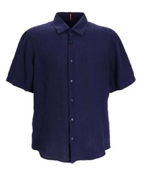 Мужская темно-синяя льняная рубашка с коротким рукавом от BOSS
