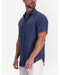 Мужская темно-синяя льняная рубашка с коротким рукавом от Emporio Armani