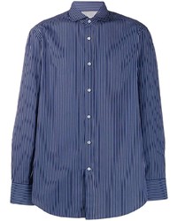 Мужская темно-синяя рубашка с длинным рукавом в вертикальную полоску от Brunello Cucinelli