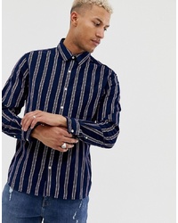 Мужская темно-синяя рубашка с длинным рукавом в вертикальную полоску от Pull&Bear