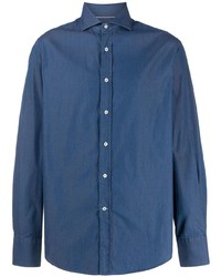 Мужская темно-синяя рубашка с длинным рукавом из шамбре от Brunello Cucinelli