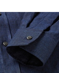 Мужская темно-синяя рубашка с длинным рукавом из шамбре от Richard James