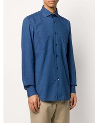Мужская темно-синяя рубашка с длинным рукавом из шамбре от Mazzarelli
