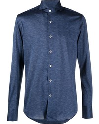 Мужская темно-синяя рубашка с длинным рукавом из шамбре от Canali