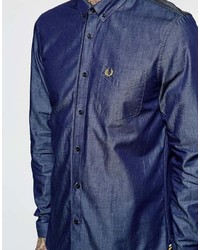 Мужская темно-синяя рубашка с длинным рукавом из шамбре от Fred Perry