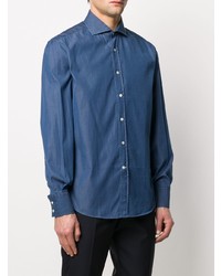 Мужская темно-синяя рубашка с длинным рукавом из шамбре от Brunello Cucinelli