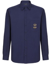 Мужская темно-синяя рубашка с длинным рукавом с вышивкой от Dolce & Gabbana