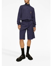 Мужская темно-синяя рубашка с длинным рукавом с вышивкой от Dolce & Gabbana