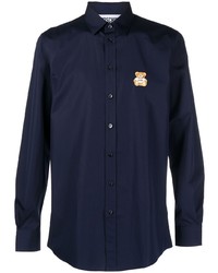 Мужская темно-синяя рубашка с длинным рукавом с вышивкой от Moschino