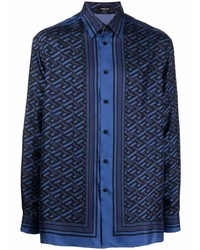 Мужская темно-синяя рубашка с длинным рукавом с геометрическим рисунком от Versace