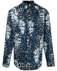Мужская темно-синяя рубашка с длинным рукавом с леопардовым принтом от Roberto Cavalli