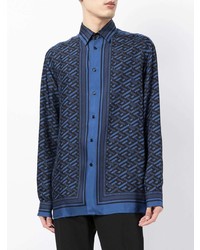 Мужская темно-синяя рубашка с длинным рукавом с принтом от Versace