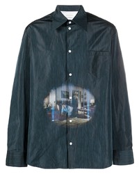 Мужская темно-синяя рубашка с длинным рукавом с принтом от Namacheko