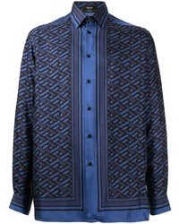 Мужская темно-синяя рубашка с длинным рукавом с принтом от Versace