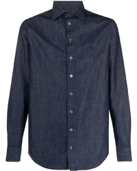 Мужская темно-синяя рубашка с длинным рукавом с узором "в ёлочку" от Giorgio Armani