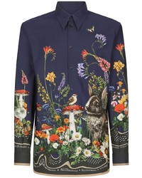 Мужская темно-синяя рубашка с длинным рукавом с цветочным принтом от Dolce & Gabbana