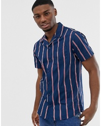 Мужская темно-синяя рубашка с коротким рукавом в вертикальную полоску от Jack & Jones