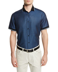 Темно-синяя рубашка с коротким рукавом с геометрическим рисунком