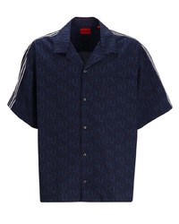 Мужская темно-синяя рубашка с коротким рукавом с принтом от Hugo