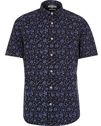 Темно-синяя рубашка с коротким рукавом с цветочным принтом