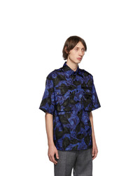 Мужская темно-синяя рубашка с коротким рукавом с цветочным принтом от Prada