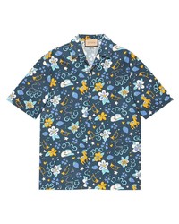 Мужская темно-синяя рубашка с коротким рукавом с цветочным принтом от Gucci