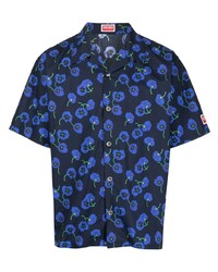 Мужская темно-синяя рубашка с коротким рукавом с цветочным принтом от Kenzo