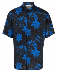 Мужская темно-синяя рубашка с коротким рукавом с цветочным принтом от Laneus