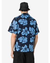 Мужская темно-синяя рубашка с коротким рукавом с цветочным принтом от Prada