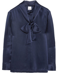 Темно-синяя сатиновая блузка с длинным рукавом