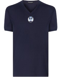 Мужская темно-синяя футболка с v-образным вырезом с принтом от Dolce & Gabbana