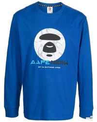 Мужская темно-синяя футболка с длинным рукавом с принтом от AAPE BY A BATHING APE
